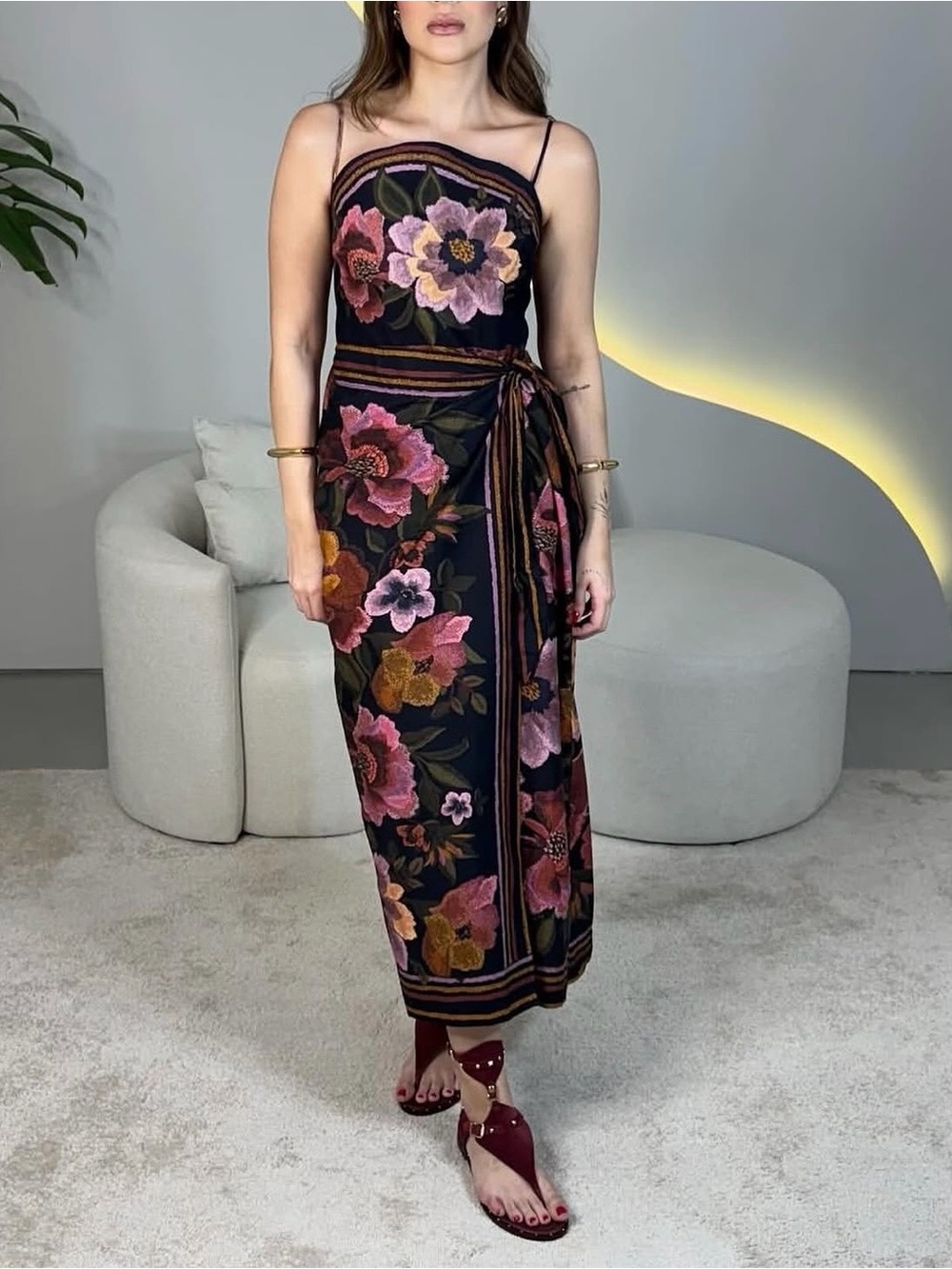 FARM Rio Black Midi Dress with Pink & Burgundy Floral Size XL